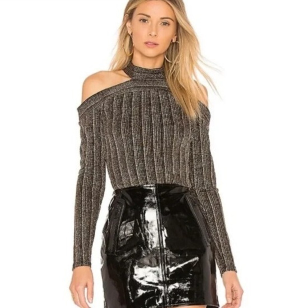 BCBGMAXAZRIA Womens Metallic Top Size S Y2K Knit Rib Cold Shoulder Luxury